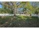Spacious backyard featuring a large tree, white vinyl fence, and a mix of grass and leaves at 124 E 119Th Ave, Tampa, FL 33612