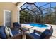 Relaxing outdoor lounge area with furniture overlooking the screened-in pool with bright blue water at 13414 Goldfinch Dr, Lakewood Ranch, FL 34202