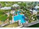 An areal view of a pool featuring lounge chairs, umbrellas, and palm trees, nestled by a beautiful lake at 205 Shell Creek Ct, Apollo Beach, FL 33572
