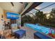 Outdoor living space with a refreshing pool, TV, comfortable seating, and lush landscaping for relaxation and entertainment at 4611 Los Robles Ct, Palmetto, FL 34221