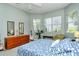 This stylish bedroom boasts two windows and an eye-catching blue patterned quilt at 4629 Samoset Dr, Sarasota, FL 34241