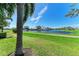 Lush green backyard with a tranquil lake view surrounded by verdant landscaping and palm trees at 5224 88Th E St, Bradenton, FL 34211