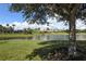 A picturesque pond with palm trees, lush green grass, and community building in the background at 2160 Chenille Ct, Venice, FL 34292