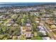 Stunning aerial view of a neighborhood showcasing a single-story home surrounded by mature trees and lush landscaping at 2221 Pine View Cir, Sarasota, FL 34231