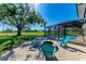 A large fenced yard and patio with a screened pool, fire pit and Adirondack chairs at 4283 Southwell Way, Sarasota, FL 34241