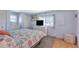 Bedroom in blue offers a cozy carpeted floor area and a TV set displayed on a white chest near a large window at 633 Cervina S Dr, Venice, FL 34285