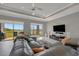 Inviting living room features large windows, a modern ceiling fan, and comfortable seating at 6620 35Th E Ct, Sarasota, FL 34243
