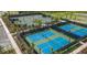 Aerial view of the tennis and pickleball courts surrounded by lush tropical landscaping at 9902 Craftsman Park Way, Palmetto, FL 34221