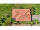 Aerial view highlights a well-maintained roof with a screened-in patio and surrounding greenery at 10008 Carnoustie Pl, Bradenton, FL 34211