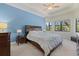 Inviting bedroom showcasing large bed, blue accent wall, tray ceilings, and natural light from windows at 17045 Polo Trl, Bradenton, FL 34211