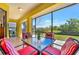 Screened lanai with ceiling fan offers views of a manicured lawn and beautiful landscaping at 27142 Villarrica Dr, Punta Gorda, FL 33983