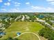Aerial view of a sports field with soccer goals and green grass, located in a community with residential homes at 4954 Newport News Cir, Lakewood Ranch, FL 34211