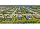 Aerial view showcases a home with a pool, tropical landscaping, and a well-planned residential neighborhood at 604 166Th E St, Bradenton, FL 34212