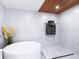 Modern bathroom with marble accent walls, wood ceiling and large soaking tub at 749 Tropical Cir, Sarasota, FL 34242