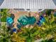 Aerial view of a kidney-shaped pool with beautiful stone surround, spa, and lounge chairs at 785 Jacaranda Rd, Anna Maria, FL 34216