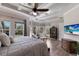 Bright main bedroom with coffered ceiling, many windows, and hardwood floors at 8227 37Th Avenue W Cir, Bradenton, FL 34209