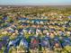 Overhead shot of a residential area showcasing single-Gathering homes near a serene lake at 11835 Hollyhock Dr, Lakewood Ranch, FL 34202