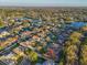 Aerial view of a residential community with mature trees and a lake in the background at 11835 Hollyhock Dr, Lakewood Ranch, FL 34202