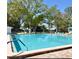 Enjoy this community pool surrounded by mature trees and plenty of lounge chairs at 2409 Gun Flint Trl, Palm Harbor, FL 34683