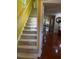 Bright, carpeted staircase leading to the upper level, with hardwood floors visible in the adjacent room at 2409 Gun Flint Trl, Palm Harbor, FL 34683