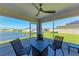 Screened lanai with seating, offering a peaceful outdoor space with views of the lake and surrounding neighborhood at 3126 58Th E Way, Palmetto, FL 34221