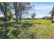 Grassy backyard with mature trees and distant views of neighboring houses at 314 Signorelli Dr, Nokomis, FL 34275