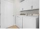 Bright laundry room features a washer, dryer, and white cabinets for storage at 3528 Monday Ter, North Port, FL 34286