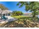 Expansive backyard featuring lush green lawn, mature trees, patio area, and playset at 436 Parkview Dr, Sarasota, FL 34243