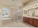 Main bathroom featuring a walk-in shower, soaking tub, and a double sink vanity with wood cabinets at 5270 White Ibis Dr, North Port, FL 34287