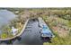 Overhead shot of a marina with numerous boat slips along a tranquil river, providing easy waterway access at 5508 Whitehead St, Bradenton, FL 34203