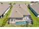 The aerial shot displays a screened pool and landscaped backyard of a single Gathering home at 5621 Badini Way, Palmetto, FL 34221