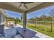 Covered patio with outdoor seating, a dining table, and a view of the backyard and pond at 11037 77Th E St, Parrish, FL 34219