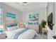Bright bedroom with blue accents, coastal decor, white furnishings, and a ceiling fan at 1110 93Rd Nw St, Bradenton, FL 34209