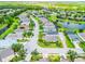 Aerial view of a residential community featuring well-maintained homes and scenic lakes, capturing the neighborhood's charm at 11790 Fennemore Way, Parrish, FL 34219