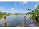 Picturesque backyard view of a serene lake with a private dock and tropical foliage at 1248 Jefferson Dr, Englewood, FL 34224