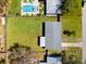 Drone shot of backyard featuring a pool, well kept lawn, and the exterior of a cozy home at 2361 Rose St, Sarasota, FL 34239