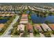 Aerial neighborhood view featuring homes near a lake, surrounded by lush landscape and winding streets at 4134 63Rd E Ter, Sarasota, FL 34243