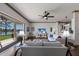 Bright living room with hardwood floors, ceiling fan, comfortable seating, and a view of the backyard through sliding glass doors at 4134 63Rd E Ter, Sarasota, FL 34243