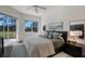 Bright bedroom with neutral tones, large windows overlooking the landscaped yard, and a comfortable king-size bed at 9408 Glen Abbey Ln, Sarasota, FL 34238
