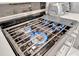 Close up of gas range with blue flames highlighting the stainless steel cooktop and modern design at 9928 Bright Water Dr, Englewood, FL 34223