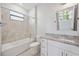 Modern bathroom featuring a tub-shower combo, granite counters, and white cabinets for a stylish design at 11165 Balfour St, Venice, FL 34293
