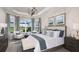 Luxurious primary bedroom with tray ceilings, plush bedding, ample natural light, and serene golf course views at 14919 Contenta Loop, Bradenton, FL 34211