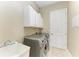 Functional laundry room with a sink, overhead cabinets, and modern washer and dryer at 428 Grand Preserve Cv, Bradenton, FL 34212