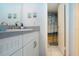 Bathroom vanity near a shower/bath combo with seagull-themed shower curtain at 1080 Peppertree W Ln # 602, Sarasota, FL 34242