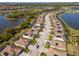 Aerial view of neighborhood with lake, tile roofs, solar panels, and lush landscaping at 18013 Polo Trl, Bradenton, FL 34211