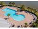 Breathtaking aerial close-up of the freeform pool, surrounded by lounge chairs and tropical palms at 18013 Polo Trl, Bradenton, FL 34211