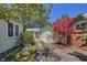 Lush backyard featuring tropical plants, stepping stones, a garage with bougainvillea in bloom at 1679 Arlington St, Sarasota, FL 34239