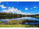 Picturesque pond with clear blue sky reflections, surrounded by lush green grass and mature trees at 391 Snapdragon Loop, Bradenton, FL 34212