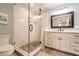 Modern bathroom featuring glass shower, updated vanity and stylish finishes at 700 Golden Beach Blvd # 222, Venice, FL 34285