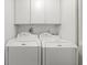 Bright laundry room includes two machines, cabinets, and a white louvered door at 1260 Dolphin Bay Way # 404, Sarasota, FL 34242